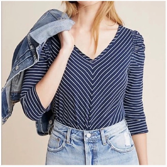 Anthropologie Maeve Lauryn Striped 3/4" Sleeve Top - Picture 2 of 10